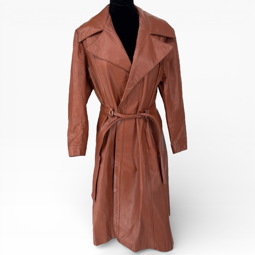 1970s Calf Nappa Womens Leather Trench Style Coat Size 16